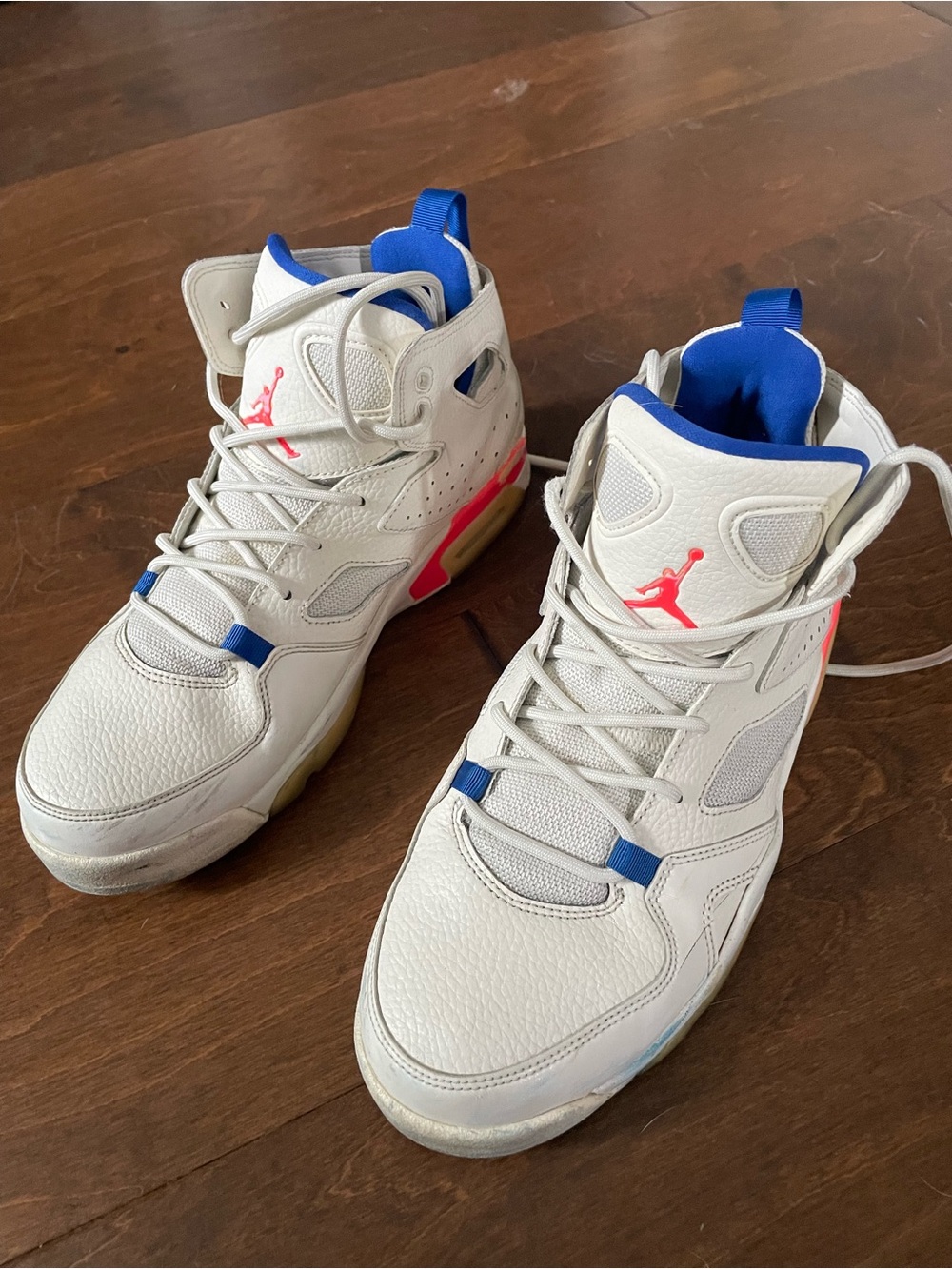 Jordan High-Top Sneakers in White with Blue & Pink Accents